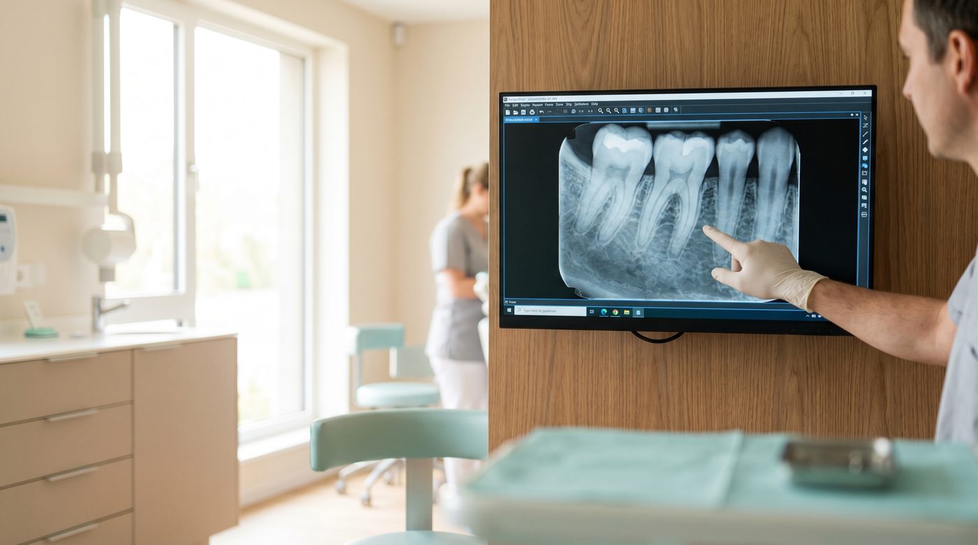 Dentista a analisar radiografia dentária para diagnóstico de endodontia