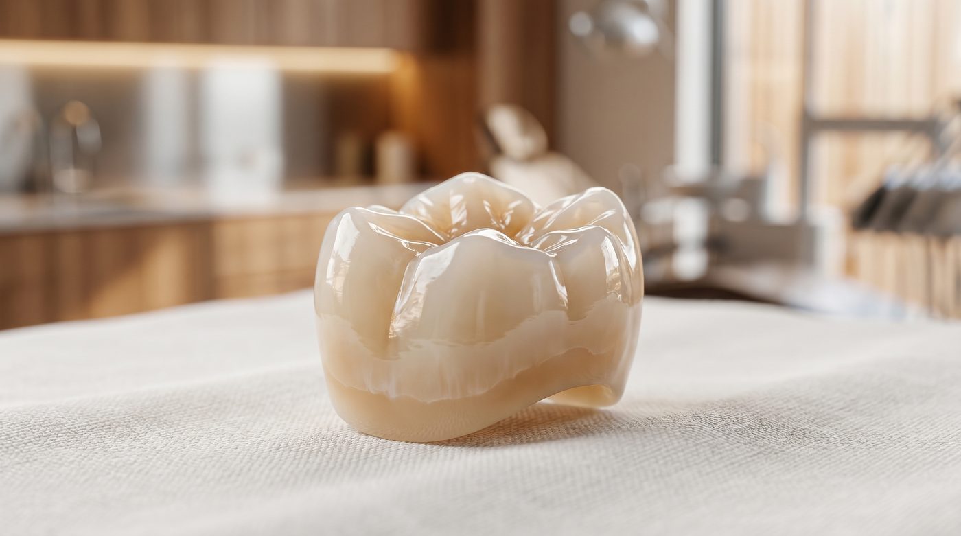 Coroa de cerâmica aplicada após tratamento canalar em clínica dentária