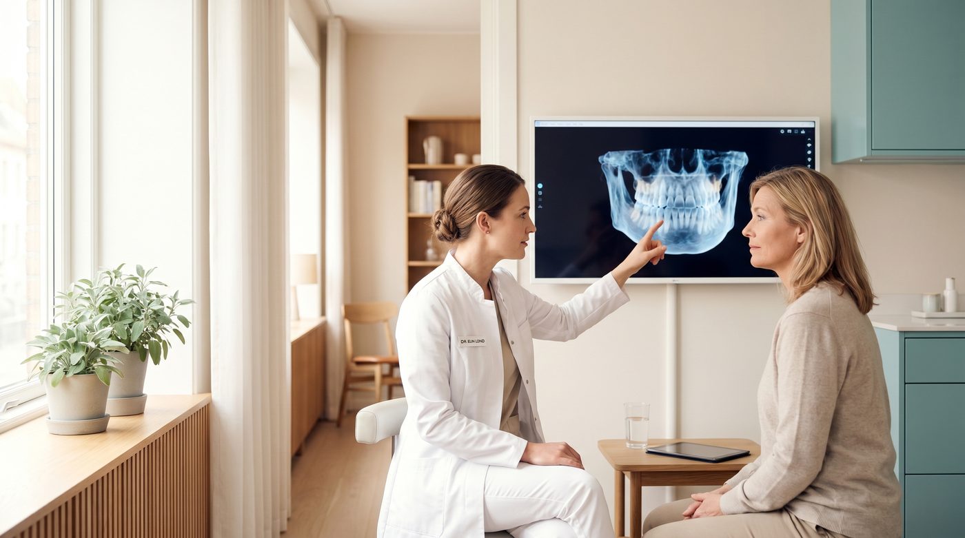 Dentista e paciente a analisar diagnóstico em ecrã digital
