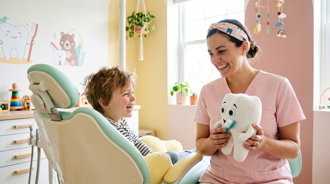 Criança numa consulta de adaptação ao dentista num ambiente acolhedor