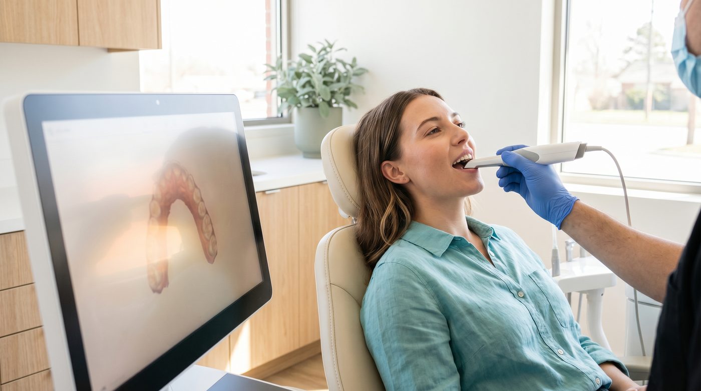 Dentista a realizar scan intraoral digital numa jovem paciente