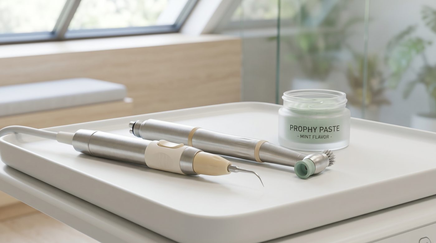 Instrumentos profissionais de higiene dentária num tabuleiro clínico