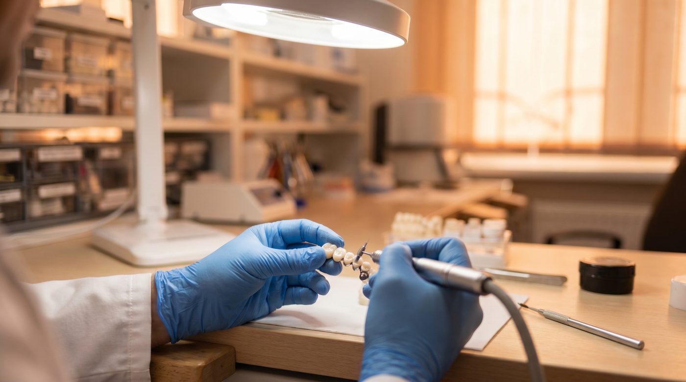 Técnico de prótese dentária a trabalhar numa prótese personalizada
